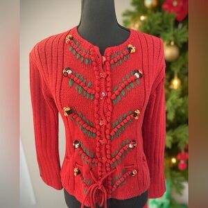 Bobbie Brooks Vintage Red Knit Cardigan Sweater Embroidered Floral S